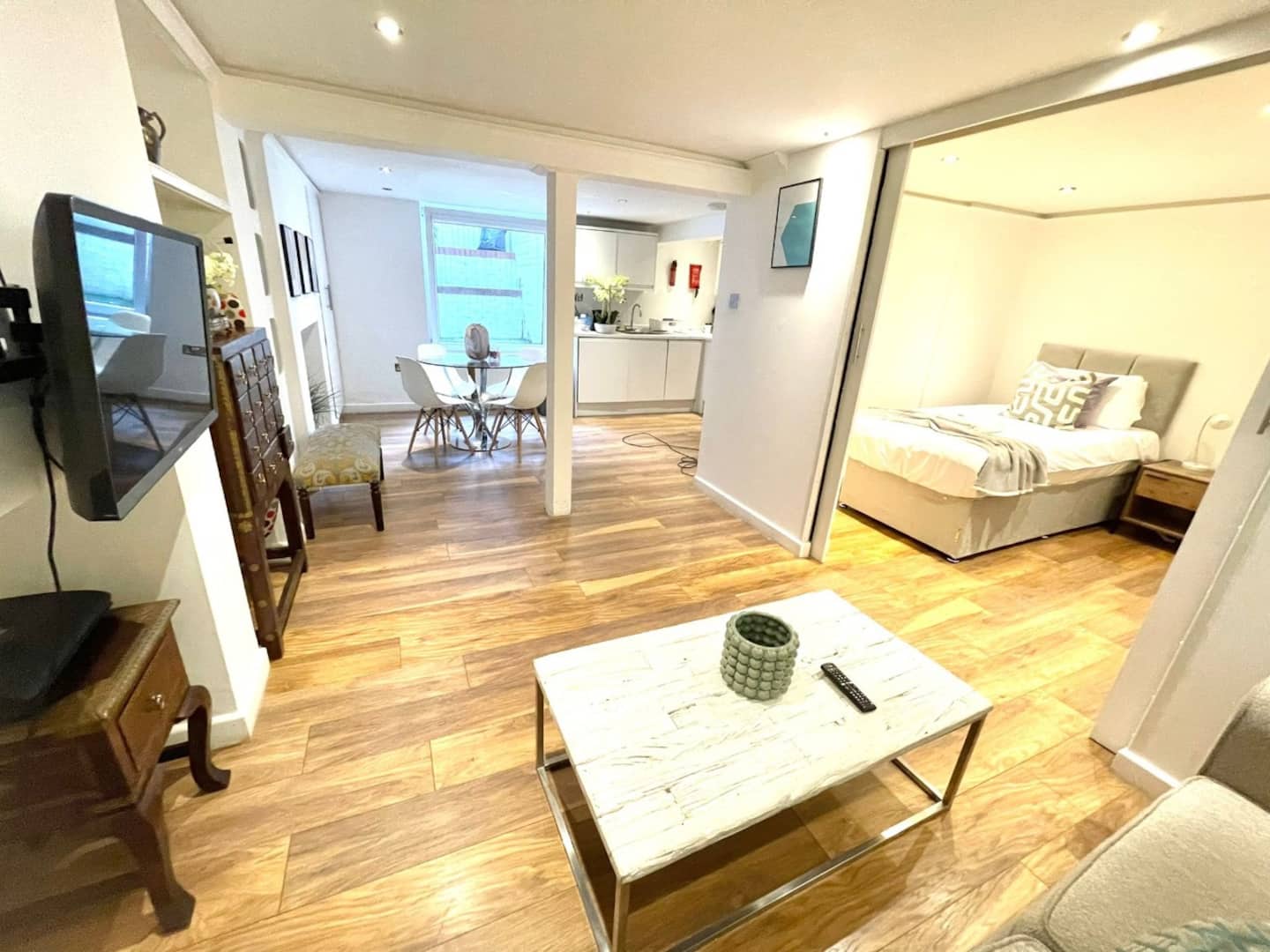 Bright living area of the historic central Cambridge basement apartment